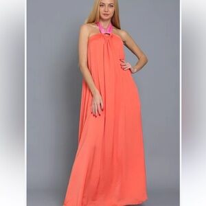 Aakaa Coral and Pink Halter Maxi Dress